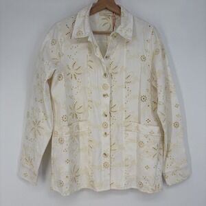Anthropologie Solitaire Floral Eyelet Jacket S Cream Boho Cottage Ethereal Beach